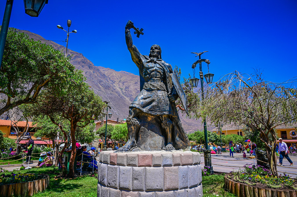 Statue of an Inca in Ollantaytambo's Main Square