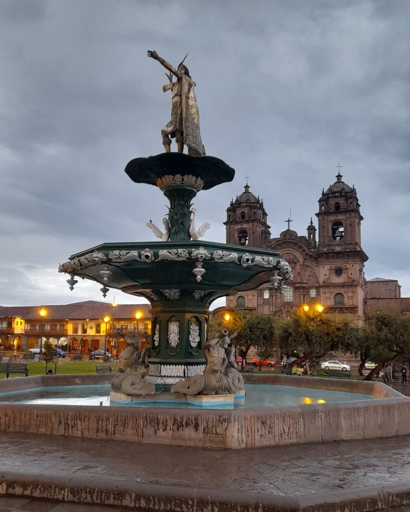 Main square during the rainy season in Cusco city