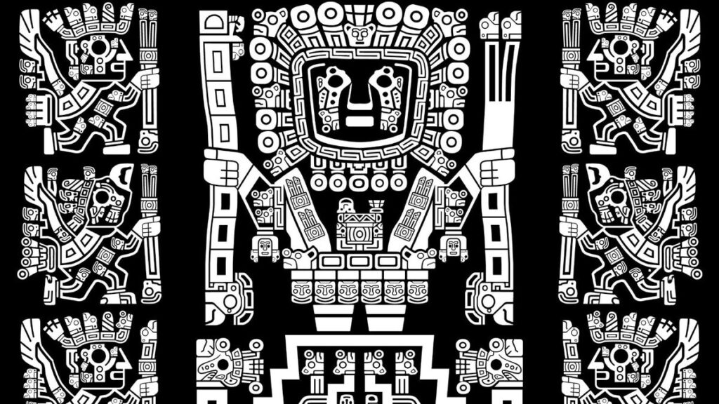 Representación del Dios de los báculos en la iconografía wari, figura central con báculos y motivos geométricos