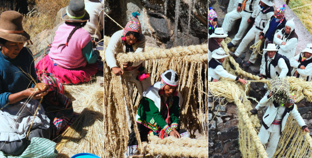 Miembros de las cuatro comunidades participan en el hilado de cuerdas, desmontaje de cuerdas antiguas y reconstrucción del puente de Q'eswachaka