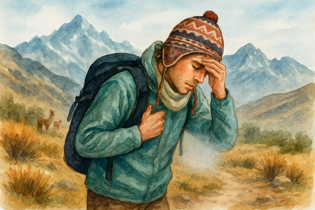 Viajero extranjero en los Andes peruanos deteniéndose para recuperar el aliento en la altura, con mochila y gorro andino, rodeada de montañas bajo una luz cálida de mañana