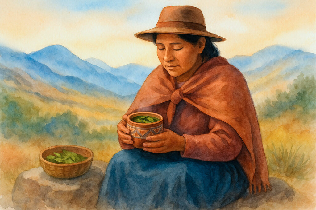 Mujer andina sosteniendo una taza de mate de coca con hojas visibles, rodeada de montañas y luz cálida de mañana