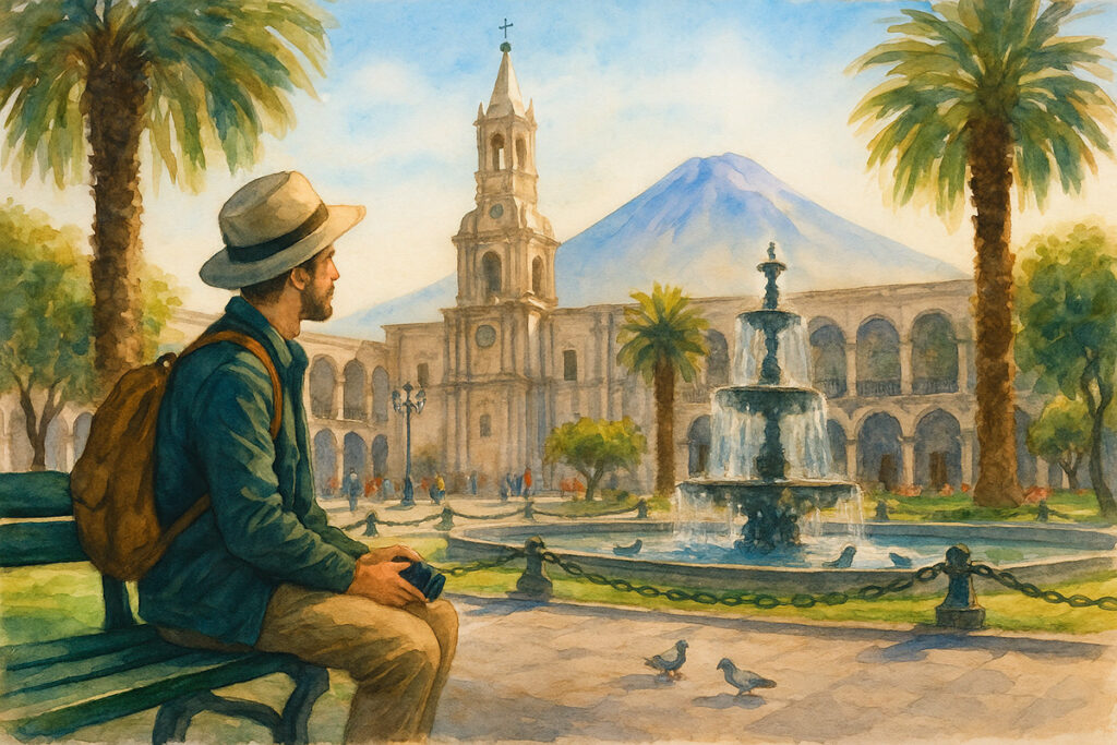 Viajero extranjero en la Plaza de Armas de Arequipa disfrutando la mañana con el volcán Misti al fondo, bajo una luz cálida y ambiente de serenidad