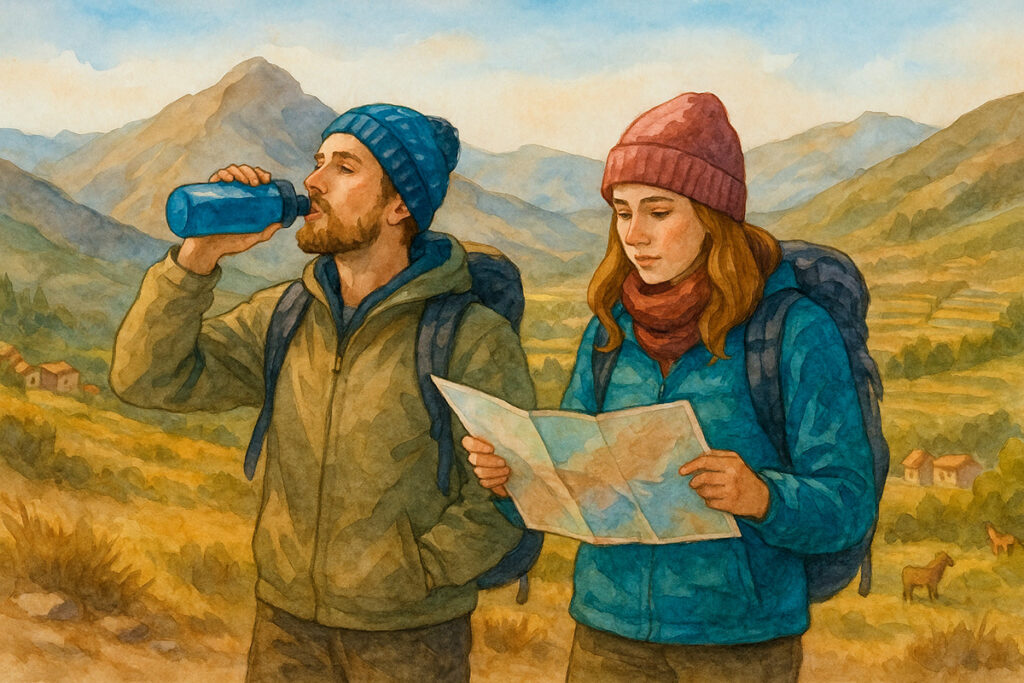 Pareja de viajeros extranjeros aclimatándose en los Andes peruanos, revisando un mapa y bebiendo agua bajo una luz cálida de mañana, en un paisaje de montaña y valle
