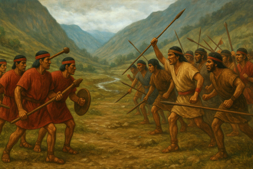 Pintura en estilo realista que muestra a guerrerosa andinos de dos señoríos en un valle montañoso, con armas tradicionales y vestimenta distintiva