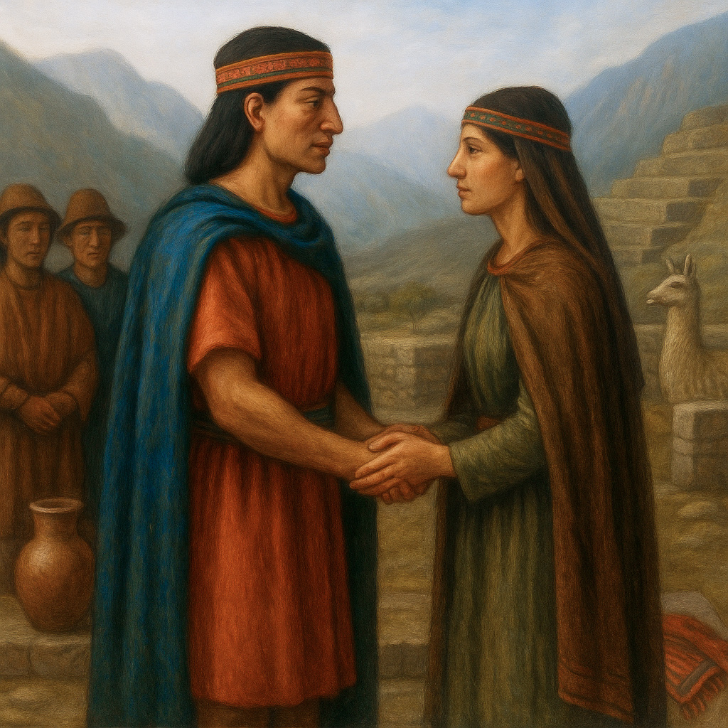 Pintura de estilor ealista que representa a Lloque Yupanqui y Mama Cagua tomados de las manos durante una ceremonia matimonial andina, con testigos y paisaje montañoso de fondo