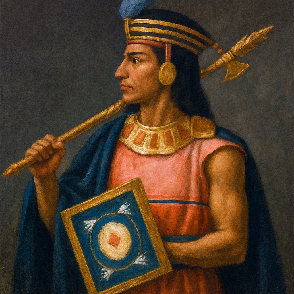 Retrato pictórico de Lloque Yupanqui, tercer Inca, en pose lateral con atuendo ceremonial, báculo y escudo, sobre un fondo oscuro