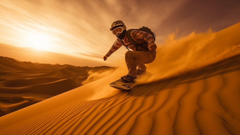persona surfeando en la arena del desierto