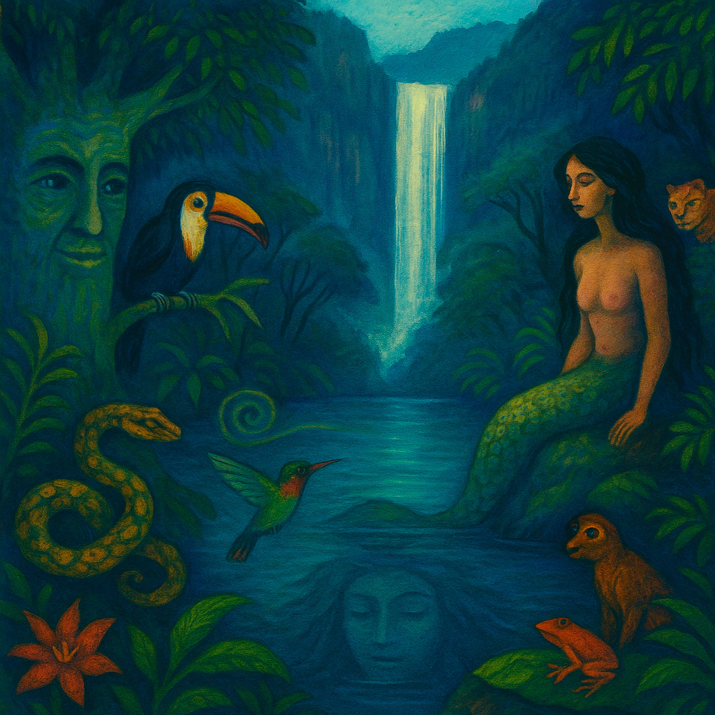 Ilustración simbólica de la cosmovisión amazónica con la sirena de Gocta integrada a un ecosistema vivo: catarata, animales sagrados, árboles conscientes y espíritus del agua