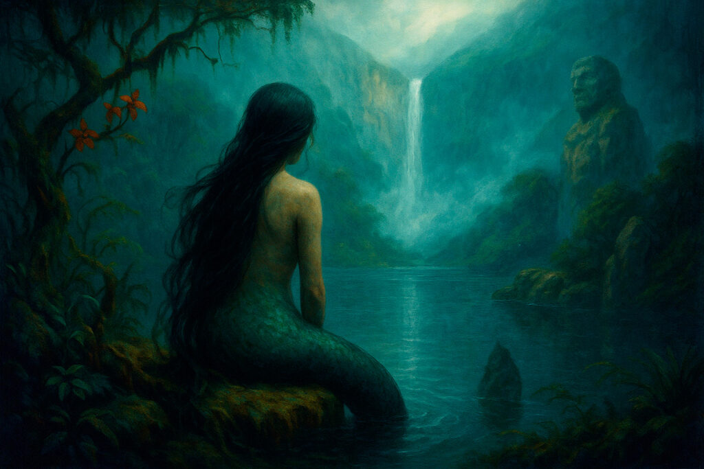 Representación artística de la sirena de Gocta frente a la laguna y catarata, con neblina y una figura petrificada integrada en el paisaje andino-amazónico