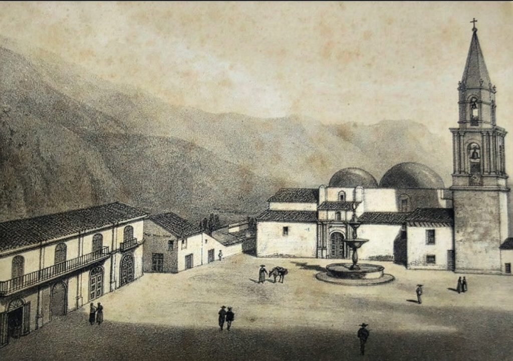 Ilustración histórica de la antigua plaza mayor de Huánuco, con edificaciones coloniales, torre campanario y traza urbana temprana