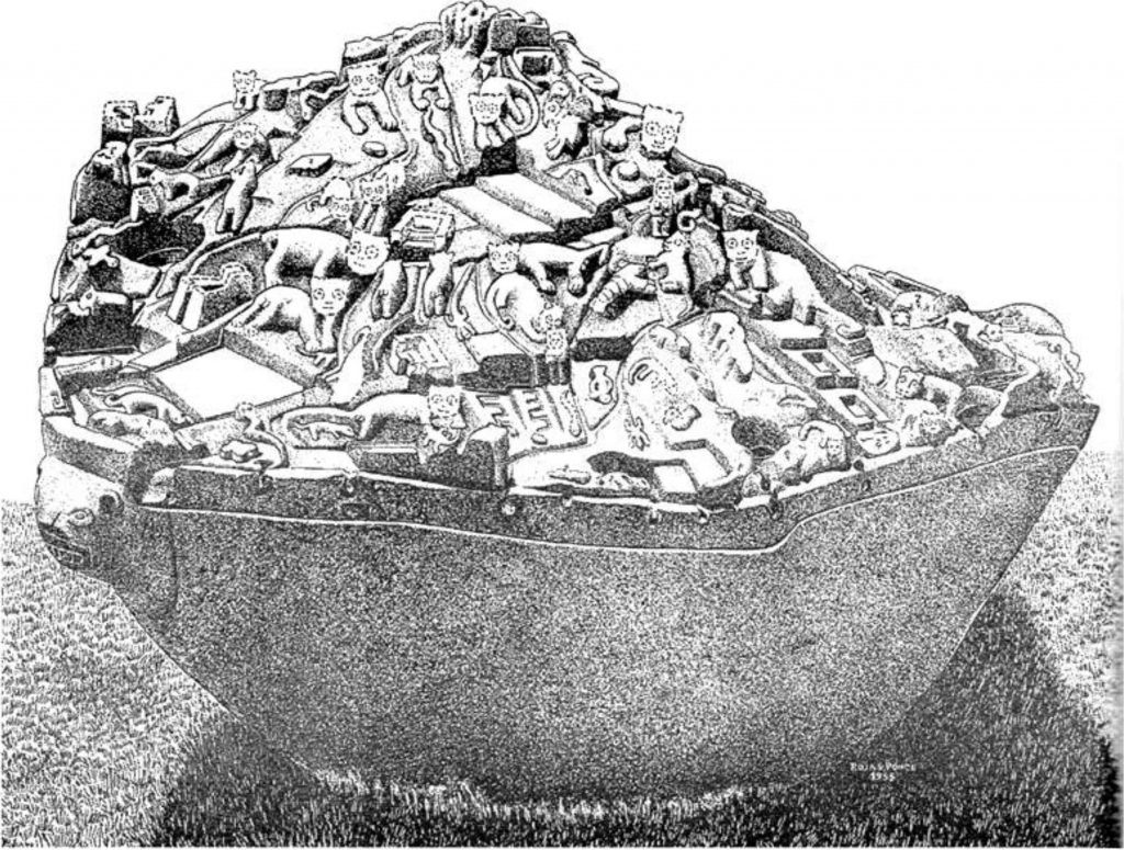 Representación gráfica de la Piedra de Saywite con más de 200 figuras talladas en relieve