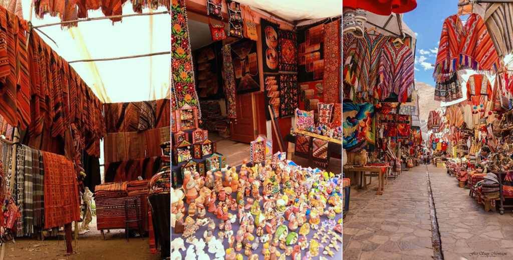 Puestos de textiles andinos, cerámica artesanal y artesanías tradicionales en el mercado de Pisac, Valle Sagrado