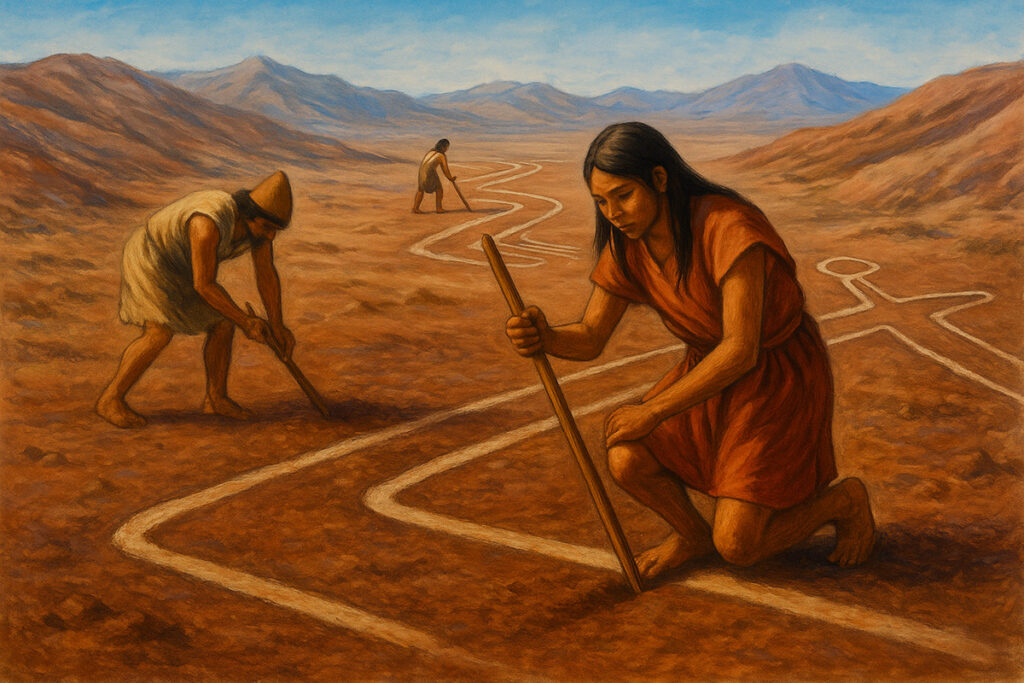 Ilustración pictórica de antiguos pobladores de Palpa creando geoglifos monumentales sobre el desierto peruano, utilizando estacas y cuerdas para medir proporciones y despejar piedras oscuras bajo el sol