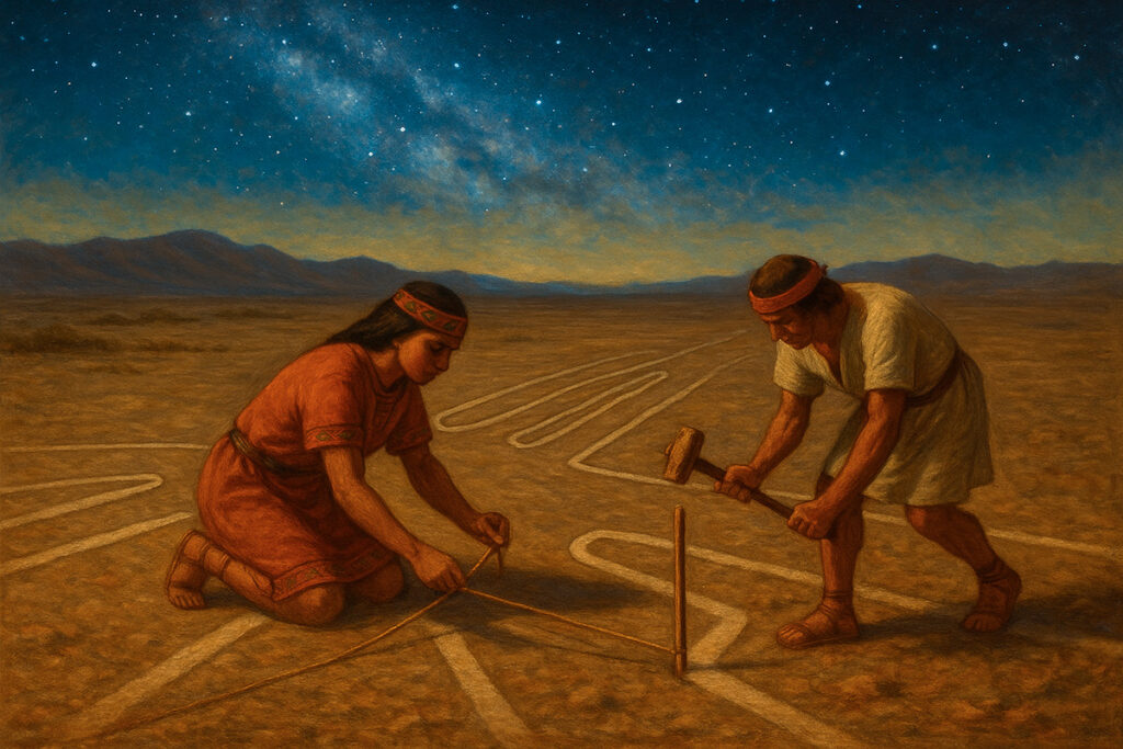 Representación pictórica de dos antiguos nazcas trazando una línea bajo el cielo estrellado del desierto