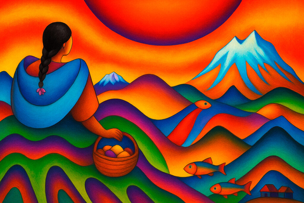 Ilustración colorida de estilo andino que representa a la Pachamama, con una mujer de espaldas observando un paisaje montañoso, campos multicolores, peces en el agua y un sol anaranjado sobre los Andes