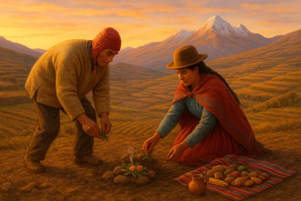Pintura realista andina que muestra a un hombre y una mujer en vestimenta tradicional realizando una ofrenda a la Pachamama sobre un altar de piedras, con papas y una vasija de chicha sobre una manta colorida, en un paisaje de campos y montañas al atardecer