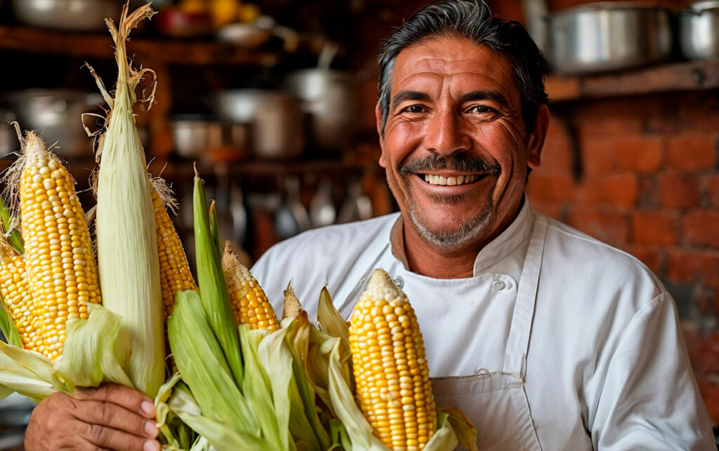 chef peruano sosteniendo mazorcas de maíz
