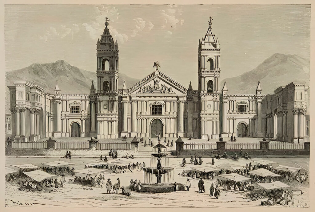 Grabado de la Plaza mayor y catedral de arequipa