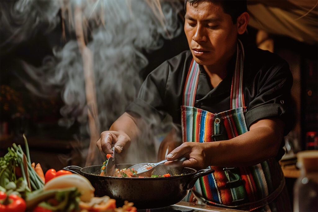 Chef peruano elaborando un plato de la gastronomía peruana