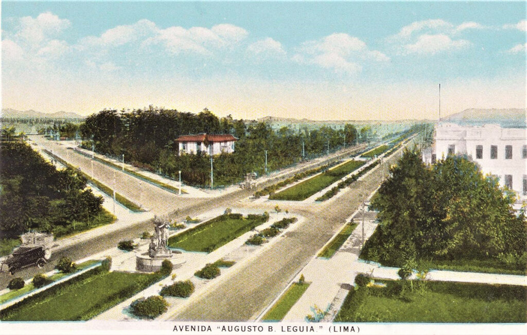 Vista histórica de la avenida arequipa en sus inicios como avenida leguía, rodeada de jardines y arquitectura republicana en Lima