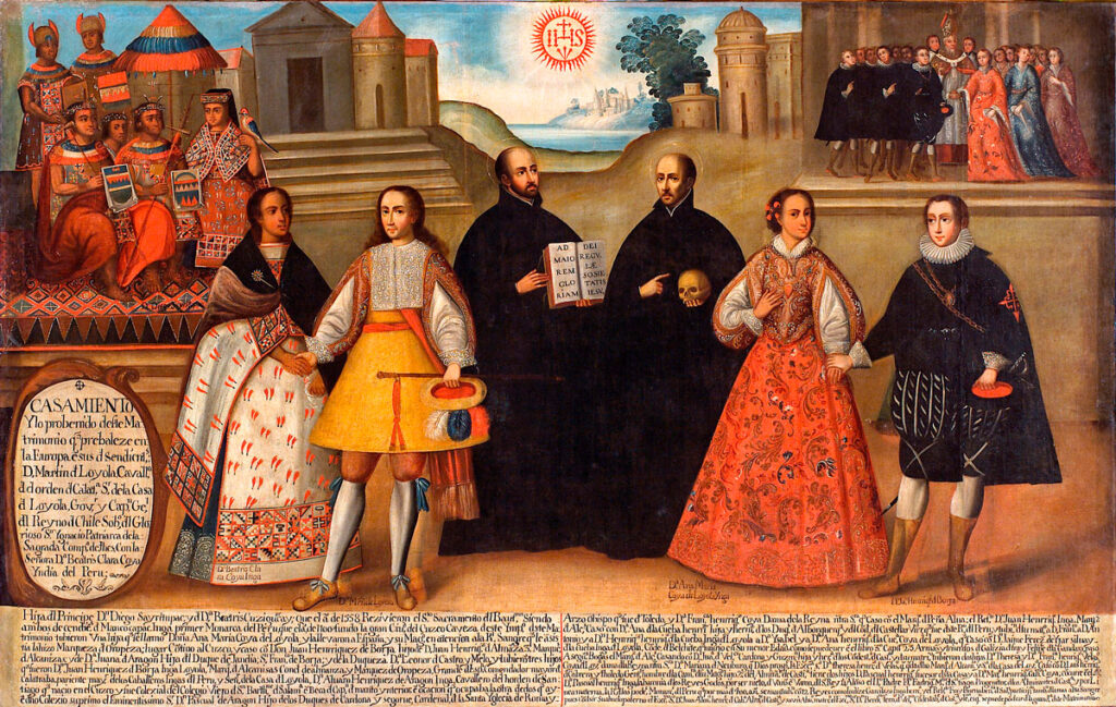 Matrimonios de Martín de Loyola con Beatriz Ñusta y de Juan de Borja con Lorenza Ñusta de Loyola: Cuadro anónimo de la Escuela Cuzqueña, expuesto en el monasterio de Copacabana, Lima
