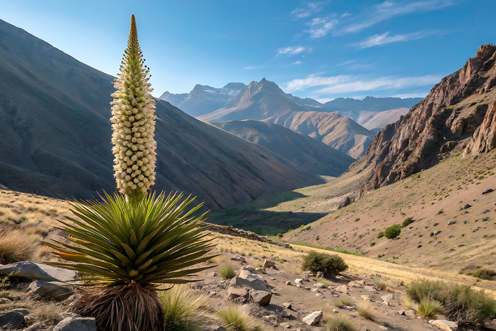 Flor monumental de la puya de raimondi en las alturas de los andes peruanos