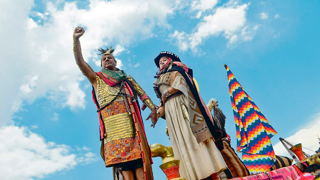 Representación de la leyenda inca sobre manco cápac y mama ocllo ascendiendo de las aguas de lago Titicaca en la región de Puno