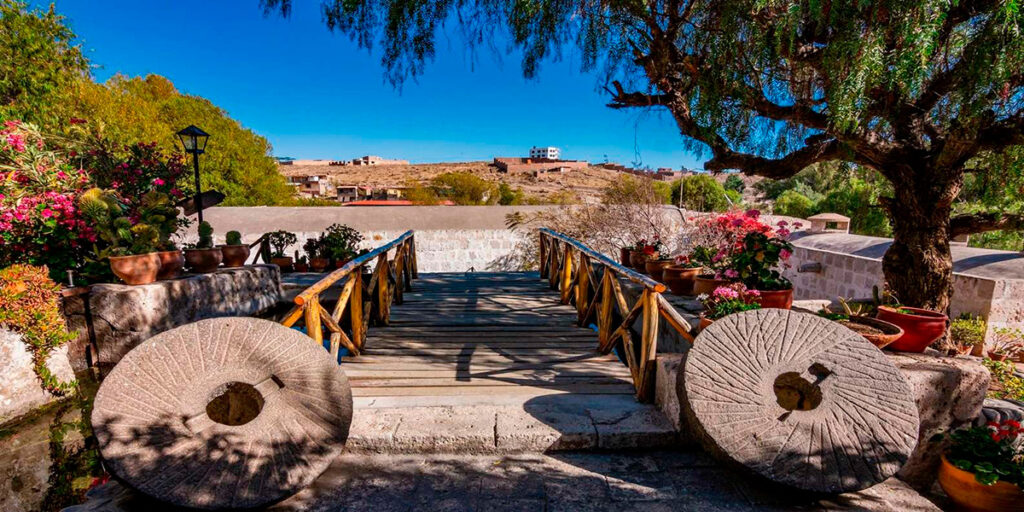 Vista panorámica del molino de Sabandía, la vegetación circundante y el ambiente colorido y floral 
