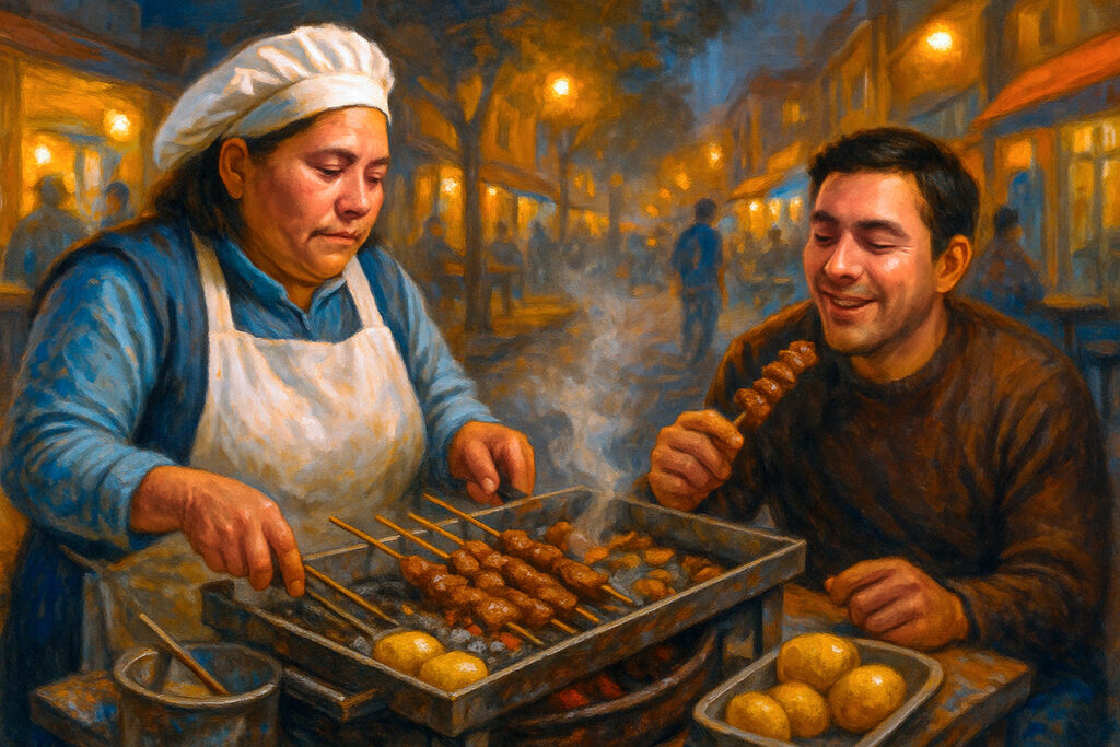Pintura de una anticuhera peruana asando en la calle mientras un comensal disfruta un anticucho bajo la luz nocturna de Lima