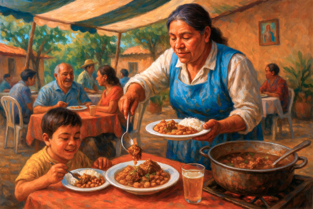Pintura de una mujer norteña sirviendo cabrito a la norteña a su familia durante un almuerzo festivo al aire libre