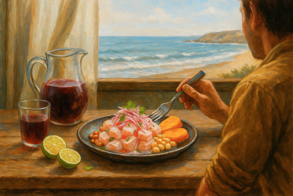 Pintura de un comensal disfrutando de un ceviche peruano frente a la costa, acompañado de chicha morada y limón