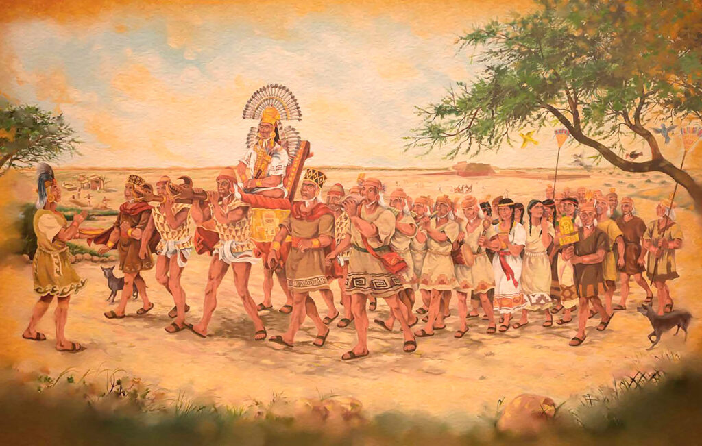Pintura sobre Naylamp, fundador mítico de la cultura Lamayeque, llegando con su cortejo