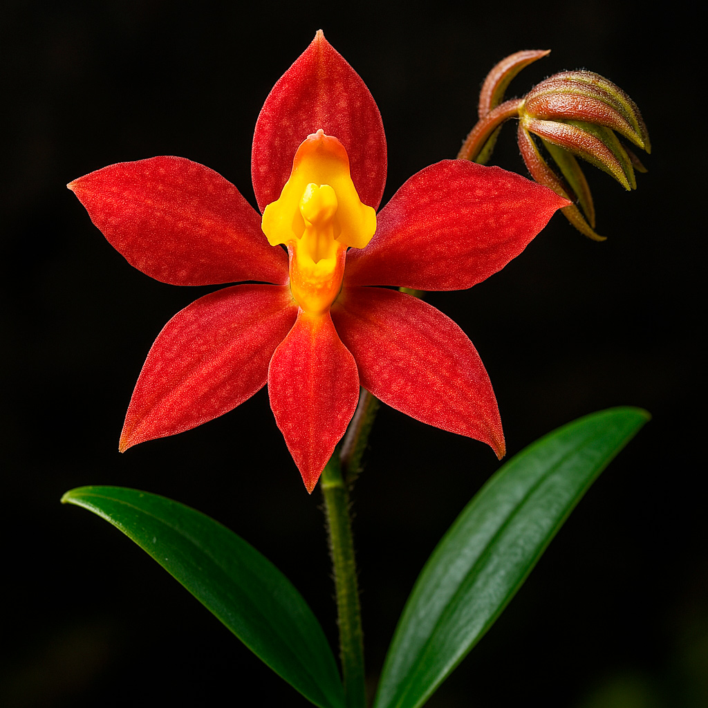 Orquídea Epidendrum edquenii de pétalos rojos brillantes con centro amarillo, fotogrfiada sobre un fondo negro tras su hallazgo en Pampa del Burro