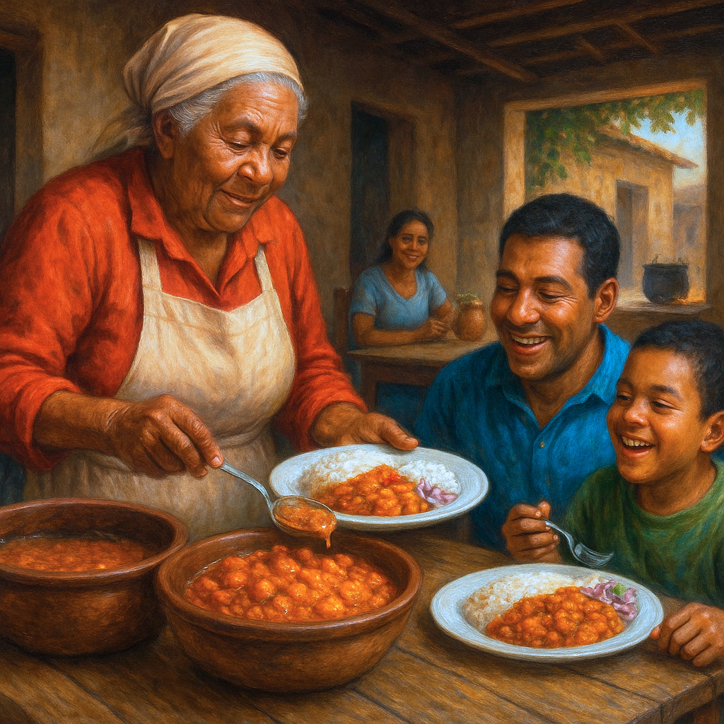 Pintura de una abuela peruana sirviendo carapulcra a su familia en un almuerzo tradicional en la costa sur