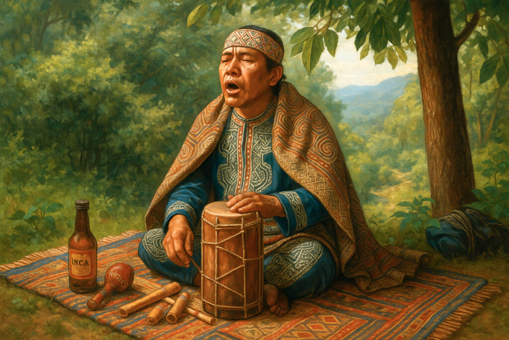 Representación de chamán entonando unos cantos sagrados llamados íkaros