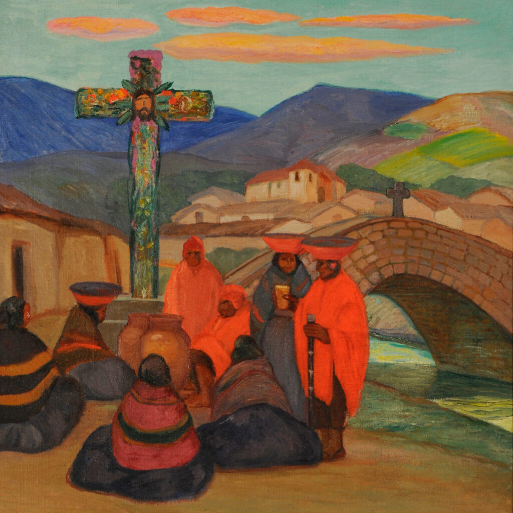 Pintura de José Sabogal mostrando un puente andino, fondo de montañas de colores fríos, cielo con nubes, una cruz con la imagen de jesús crucificado, y lugareños de los andes peruanos con vestimentas típicas, ponchos y monteras