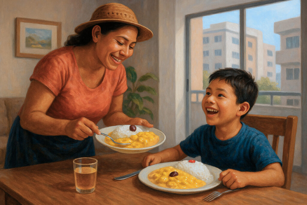 Pintura de una madre peruana sirviendo ají de gallina a su hijo en un almuerzo familiar en casa
