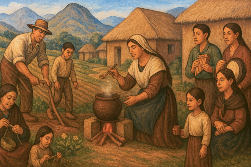Mural al estilo de Teodoro Núñez Ureta que representa a una comunidad andina en distintas escenas de la vida cotidiana: una abuela enseña a tejer a su nieta, un padre labra la tierra junto a su hijo, una joven ayuda en la cocina y al fondo, adolescentes se integran a una celebración comunal. El paisaje andino enmarca la escena bajo una luz suave de fin de tarde