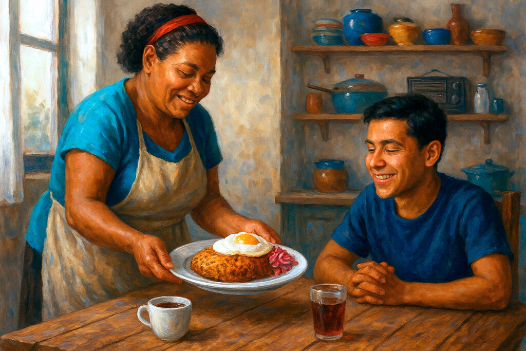 Pintura de una mujer afroperuana sirviendo tacu tacu con huevo a un joven en una cocina tradicional criolla