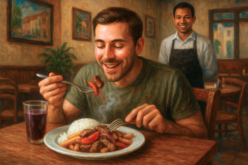 Pintura de un comensal disfrutando de un lomo saltado en un restaurante limeño, mientras el mozo lo observa con una sonrisa