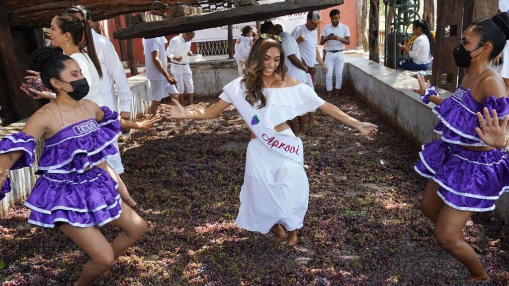 Grupo de mujeres con vestimentas típicas, participando en las festividades de la vendimia en Ica