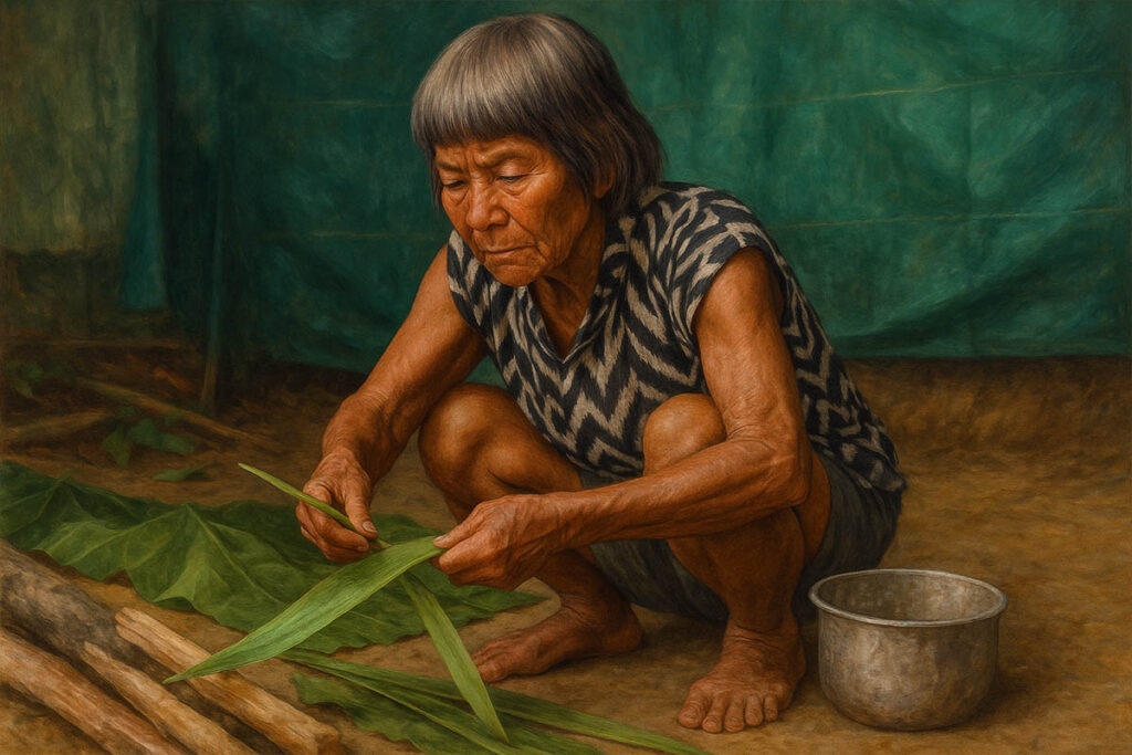 Mujer preparando materiales para la fabricación de tinte tradicional Yagua