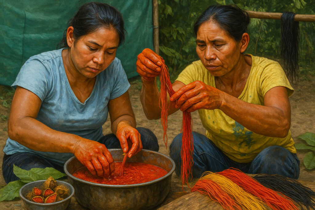 Mujeres del pueblo yaguas, tiñendo fibras con pigmentos vegetales en la Amazonía Peruana