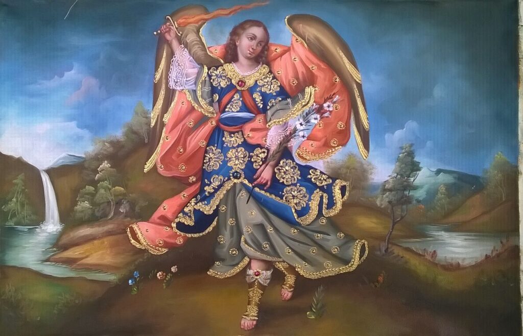 Representación de un ángel arcabucero en traje virreinal, símbolo característico de la Escuela Cusqueña de Pintura