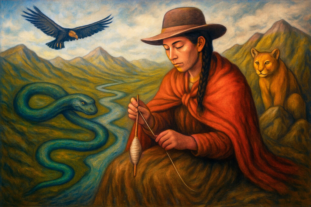 Pintura simbólica andina con mujer hilando, cóndor en el cielo, puma en la montaña y serpiente junto al río, representando la conexión espiritual entre humanos y la naturaleza. 