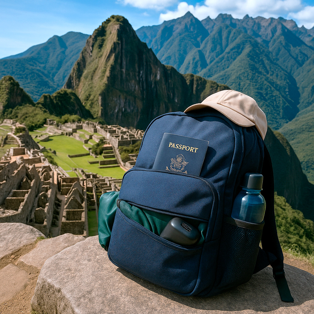 Mochila de viaje con objetos personales frente a Machu Picchu, representando el equipaje permitido durante la visita al santuario