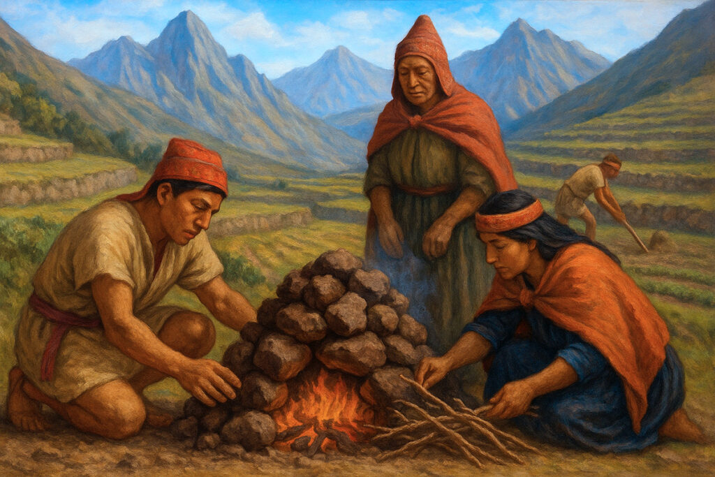 Personas andinas construyendo una huatia tradicional con piedras calientes en un paisaje de terrazas agrícolas