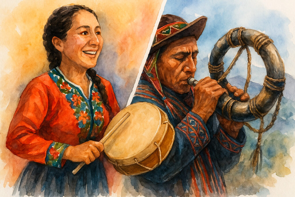 Pintura en acuarela de una mujer tocando la tinya y un hombre interpretando el waqrapuku