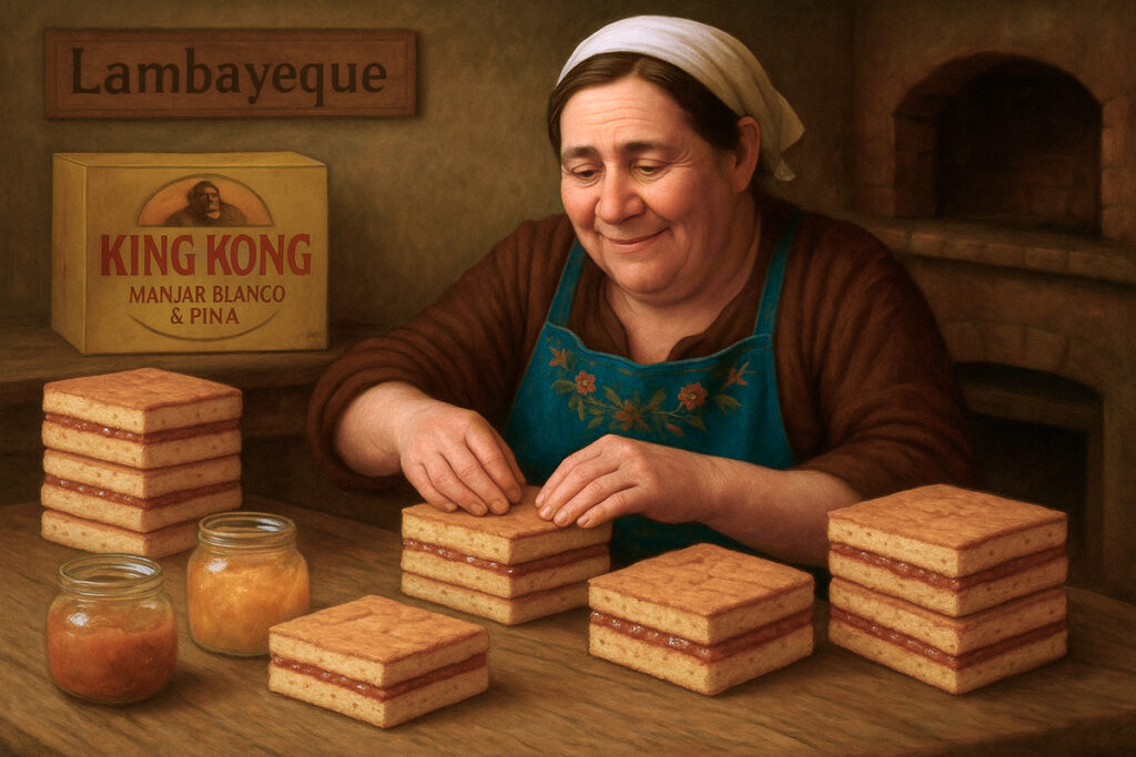 Mujer lambayecana armando King Kong artesanal con manjar blanco, piña y maní ern una cocina tradicional